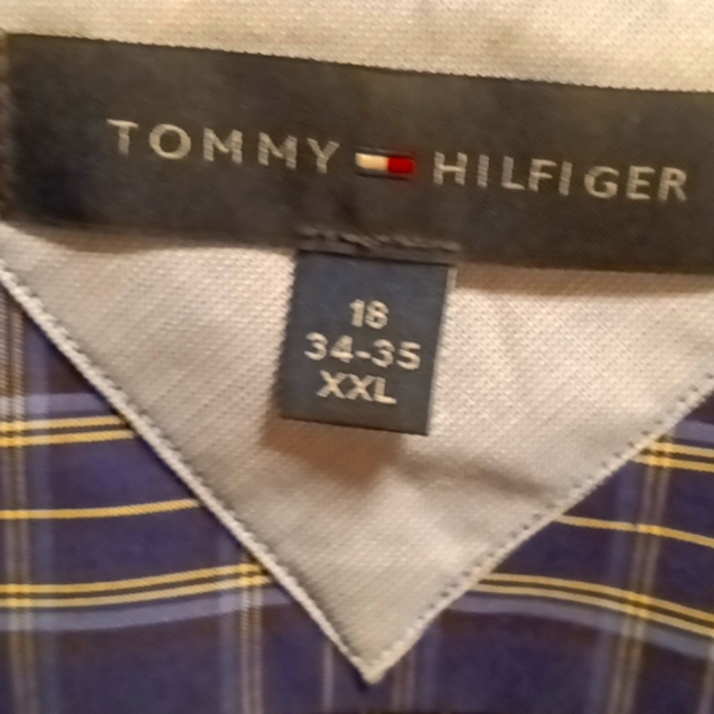 TOMMY HILFIGER blue yellow and black long sleeve shirt Size 18. 34-35 XXL